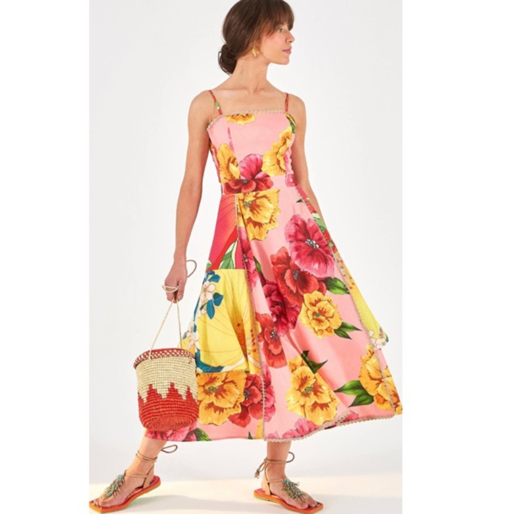 Farm Rio Mixed Chita Floral Print Midi Dress XS